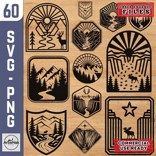 Retro Mountain Hunting Emblem SVG Files: Laser Engrave Coaster, Wall Art Templates (PNG) - Etsy
