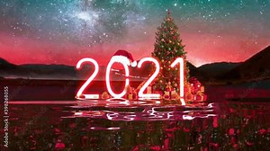 2021 neon sign appear on the water beautiful landscape background , christmas tree, Loop animation of retro neon sign. Stock Video
