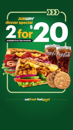 74 reactions | Dinner for two. Or one. We don’t judge. 來 Enjoy 2 subs, 2 cookies and 2 drinks for $20! Available at all Subway restaurants from 7pm onwards. While stocks last! Get yours at your nearest Subway! #EatFreshFeelGood #SubwaySG | Subway Singapore | Facebook