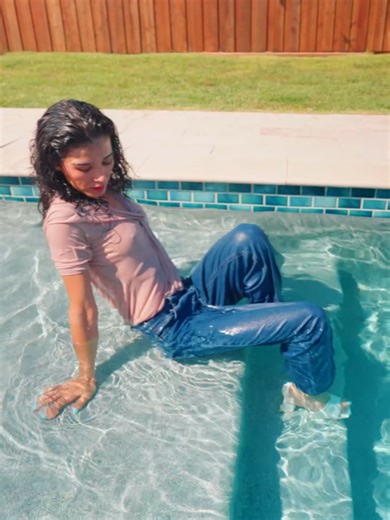 Carla's Stylish Pool Dip in Classic Jean Outfit