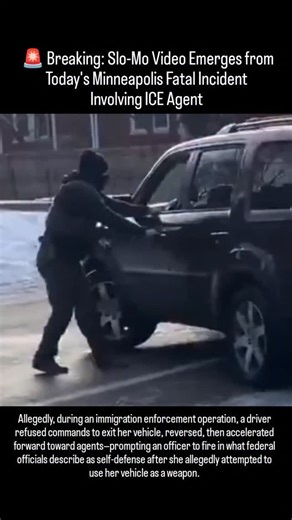 Real News on Instagram: "🚨 Breaking: Slo-Mo Video Emerges from Today's Minneapolis Fatal Incident Involving ICE Agent During an immigration enforcement operation, a driver refused commands to exit her vehicle, reversed, then accelerated forward toward agents—prompting an officer to fire in what federal officials describe as self-defense after she allegedly attempted to use her vehicle as a weapon. The situation is highly disputed: DHS claims the agent feared for his life, while local leaders, i