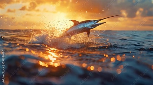 A big blue marlin swordfish jumping out of the ocean, sea animals.