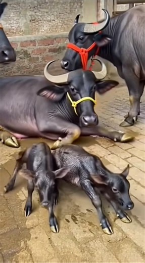 عِجلان جميلان من الجاموس يُظهران حبًا كبيرًا لأمهما، انظروا كم هما لطيفان وبريئان.