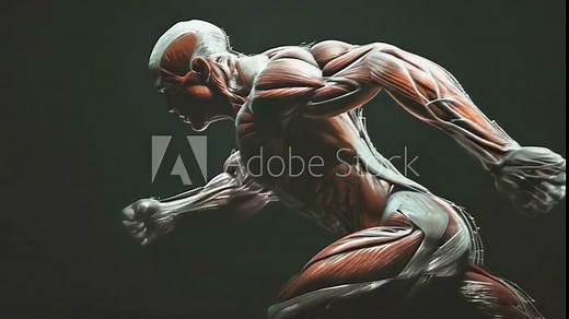 Detailed anatomical illustration of an adult male's muscular system. The image shows muscles engaged in a dynamic running pose, highlighting musculature. Art is dark-toned, capturing motion. Stock Video