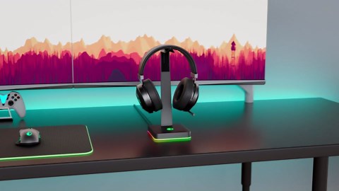 RGB Gaming Headset Stand with 2 USB Ports, Game Headphone Mount for PC, Xbox One, PS4, Switch, Earphone Holder Hanger, Great for Gaming Stations, Fancy Desk Gamer Accessories, Black