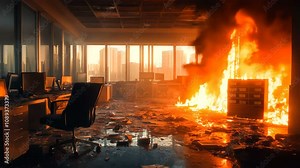A Dramatic Office Fire Scene Filled with Intense Flames and Complete Chaos Unfolding Right Before Our Eyes