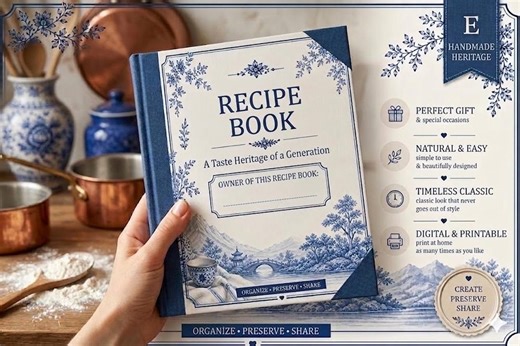 Elegant Blue Chinoiserie Recipe Book Printable | Editable Recipe Journal | Kitchen Planner | Gift for Mom | Instant Download PDF - Etsy