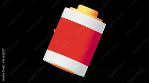 Alkaline cylinder battery 3d with bolt icon spin on black background. 4K FullHD and HD render footage animation