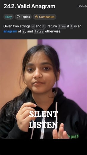 Ekta Agrawal on Instagram: "Valid Anagram Problem | Frequency Array Optimization | DSA Interview Question String Anagram Check | O(N) Time | O(1) Space | C++ Solution Learn how to check if two strings are anagrams without sorting using a frequency array of size 26. ✅ Optimized approach ✅ Constant space solution ✅ Commonly asked in interviews Save this reel for quick revision 📌 Comment “Code” if you want code in your dm 🔥 #DSA #Strings #Anagram #FrequencyArray #CodingInterview CPlusPlus Intervi