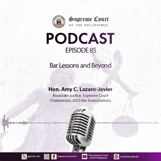 Supreme Court Associate Justice Amy C. Lazaro-Javier, Class Valedictorian and magna cum laude graduate of Batch 1982 of the University of Santo Tomas Faculty of Civil Law, took and passed the Bar exams in the same year. She now serves as the Chairperson of the 2025 Bar Examinations. From her experiences as a Bar examinee to her perspective now as #Bar2025 Chairperson, what has changed, what has remained constant, and what lessons can guide and encourage today’s Bar examinees? Listen to the lates
