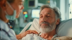 A hospitalized man lies in bed while a doctor checks his pulse. Female doctor examining male patient in hospital room