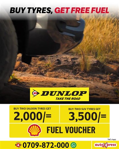 Buy 2 Dunlop passenger tyres and receive a Ksh 2000 Shell Fuel Voucher. Upgrade to 2 SUV tyres and get a Ksh 3500 fuel voucher, that's more miles and more smiles for the family drives. https://eu1.hubs.ly/H0k2P2Z0 #Dunlop #AutoXpressKenya | AutoXpress Kenya