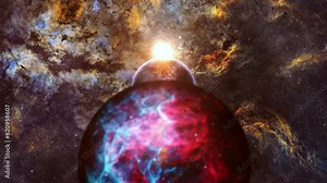 Abstract Alien planet at The Cygnus nebula galaxy space flight exploration on deep space background. 4K 3D Flight Into The Cygnus Nebula. Flight Through Space With star field, Galaxy and Nebulae.