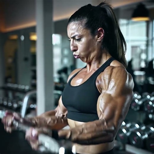 Example of a straight bar bicep curls with a female bodybuilder