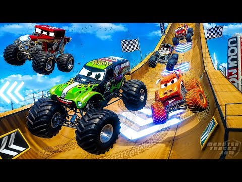 Grave Digger vs El Toro Loco in Giant Ramp Mayhem! Monster Trucks Racing, Stunts & Crashes