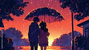Lofi couple under umbrella in sunset