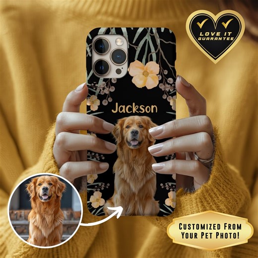 Custom Pet Photo iPhone Case With Tan Wildflowers   Personalized Name Dog or Cat Black Customized iPhone Case Perfect Dog Mom Gift! - Etsy