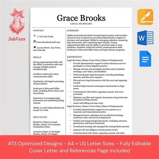 Legal Secretary Resume Template | ATS Friendly CV (word, Pages, Docs) | Instant Download - Etsy
