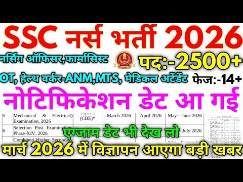 SSC नर्स भर्ती 2026 SSC Phase 14 Permanent Vacancy Notification Date 2026