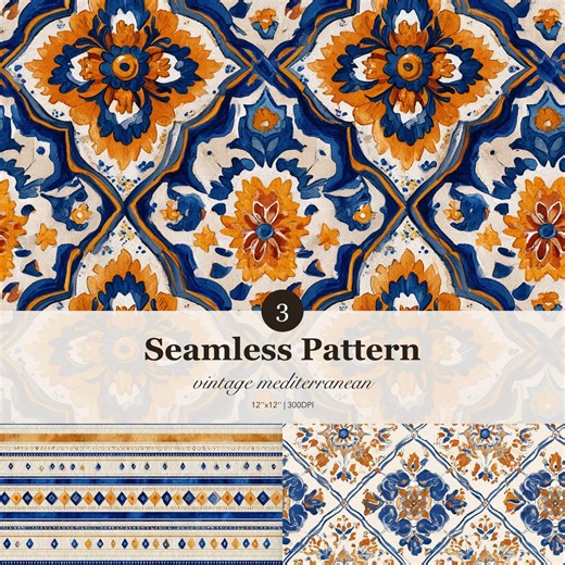 Blue Orange Floral Tile Pattern, Watercolor Mediterranean Ceramic Surface Design (digital Download) - Etsy