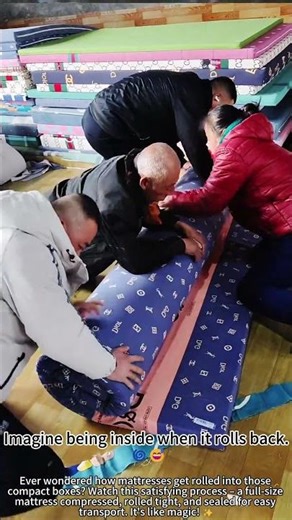 Rolling and packing a mattress – space saver! 🛏️📦