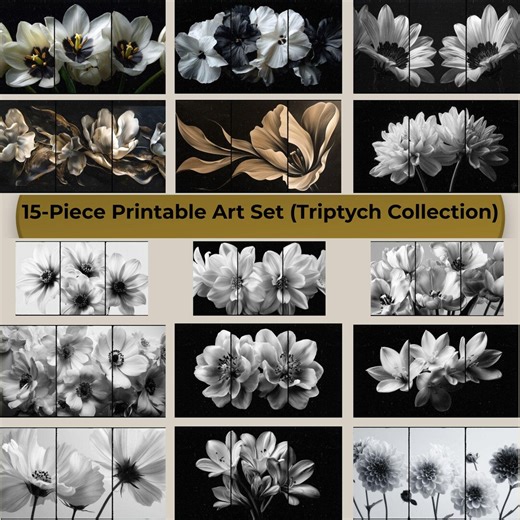 Neutral Floral Triptych Wall Art Set Black White Botanical Prints Minimalist Flower Gallery Wall Modern Living Room Decor 15 Piece Printable - Etsy