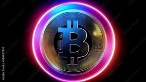 Bitcoin logo represents cryptocurrencies. Concept symbol of cryptocurrency safety in internet blockchain virtual. Copy space banner. breaking news and the rising rate of the gold coin for designers. Stock Video