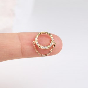 14K Solid Gold Moissanite Chain Clicker Hoop, Diamond Dangle Helix Earring, Daith Septum Ring, Gold Chain Cartilage Piercing Jewelry 16g - Etsy