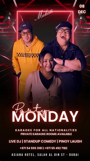 🎤 Monday Night Vibes at Makati! 🎤 Kickstart your week with the perfect mix of KTV karaoke, stand-up comedy, and live performances that bring the energy back to Mondays! Whether you’re belting out your favorite tracks or laughing till your cheeks hurt, Makati’s private karaoke rooms and electric vibe make Mondays unforgettable. 🎶🌍 📍 Asiana Hotel, Salah Al Din St – Dubai 📞 For bookings: 971 54 555 3181 | 971 55 452 7182 #KaraokeNight #DubaiEvents #LivePerformance #MondayFun #StandUpComedy #K