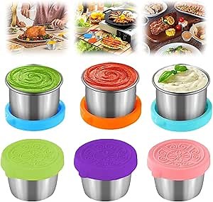 6 Packs Salad Dressing To Go Containers, 1.6/2.4 oz Small Reusable Stainless Steel Sauce Cups With Silicone Lids For Lunch Boxes Picnics Travel Kitchen Storage (2.4oz)