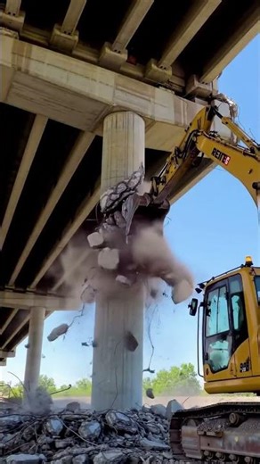 Excavator Demolishes Bridge Pillar #demolition