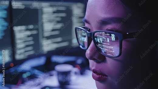 Woman Typing Code on Computer With Dual Monitor Setup at Night