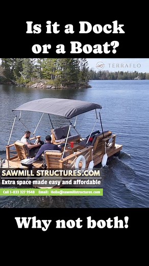 Dock or Boat? Well now you can have both! @sawmill_structures has partnered with Terraflo to bring you the ultimate floating dock that quickly turns into a fully functional cruising boat! Yes that’s right the first of its kind Dock-Boat. Sit, Swim, Cruise, Relax, Entertain and be the envy of everyone on the lake! You can literally have it all! Must be crazy expensive right? Nope!! Starting at just $7700 this is a super affordable addition to any cottage. Exclusively at Sawmill Structures! And be