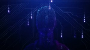 AI Face Technology Line Connection. 3D rendering. AI face transform and line connection on dark background.