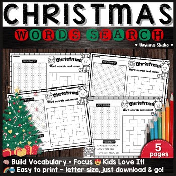 Christmas Word Search and Maze Pack | Grade 1 Holiday Literacy Fun