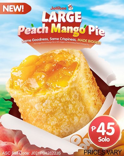 6.4K views · 5K reactions | Real fresh, real fruits, in a really crispy crust now MADE BIGGER! Satisfy your big peach mango cravings with the NEW Jollibee Large Peach Mango Pie for only P45 for Solo. Order now through the Jollibee App, JollibeeDelivery.com, #87000, GrabFood, or foodpanda! Also available via Drive-Thru, Take Out, and Dine-In. Download the Jollibee App: bit.ly/JollibeePHApp | Jollibee | Facebook