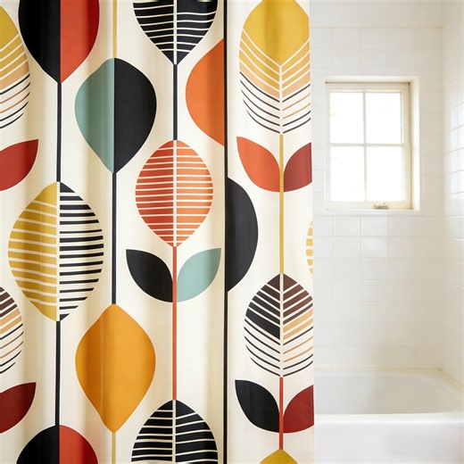 Mid Century Leaf Pattern Shower Curtain, Retro Abstract Botanical Bath Decor, 50s 60s Nature Chic Bathroom Accessory