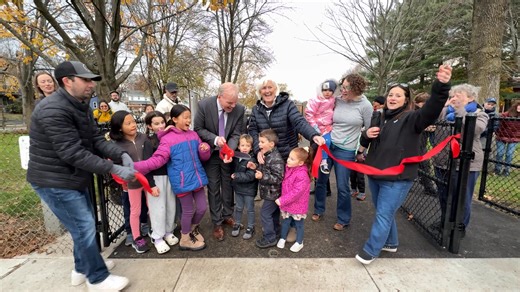 Representative Sean Garballey, Park and Recreation Commissioner Shirley Canniff get some help cutting the ribbon, while Recreation Program Supervisor, Jeff Jamgochian (left) and Recreation Director, Natasha Waden (right) hold the ribbon. | Town of Arlington, MA