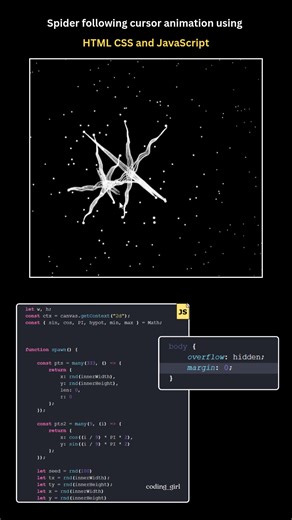 5.7K views · 25 reactions | Spider Following Cursor Animation using html, css & javascript  Coding Girl #htmltags #html #learnhtml #cssproject #reels #computerscience #css #coders #fullstack #learncode #reactjs #reels #programmerslife #100daysofcode #csstricks #100daysofcodechallenge #frontenddev #htmlcoding #htmltutorial #html5website #htmlcssjavascript | Coding Girl | Facebook