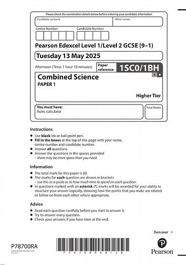 Pearson EDEXCEL GCSE Combined Science Biology Paper 1 Higher Tier 2025