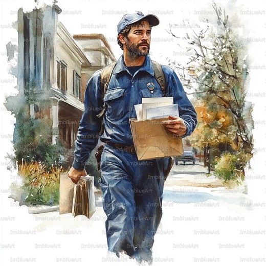 24 Mailman Clipart, Postman Delivering Letters Walking Street Scene, Watercolor Printable JPG 300 DPI, Scrapbook, Junk Journal - Etsy