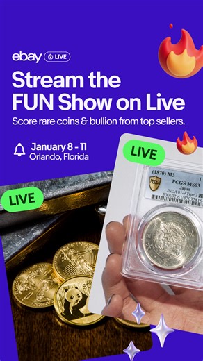 eBay Live on Tour is kicking off 2026 at the FUN Show in Orlando 🙌 Rare coins, exclusive drops, and show-floor energy are coming straight to your screen on eBay Live. Catch the action starting January 8th here: https://ebay.to/4qdaaxh #ebaylive | eBay