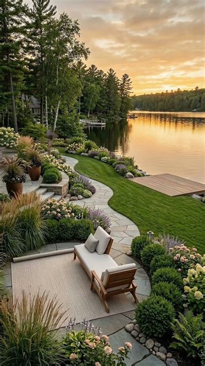 Luxury Lakeside Backyard Makeover | Fire Pit Deck, Stone Path & Garden Design #backyardmakeover
