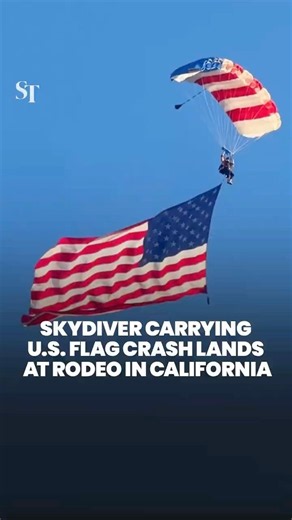 US skydiver crash lands at rodeo after American flag appears to snag on a tree