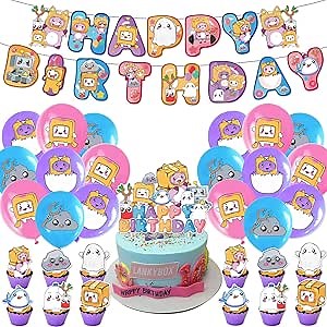 Cartoon animal cute Paper Box Man Birthday party decoration Kawaii Balloon Party supplies for kids Cute cake topped with Happy birthday banner(Paper Box Man)