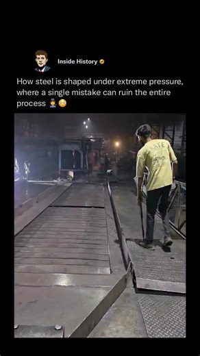 Inside History on Instagram: "Steel begins to flow like liquid once it’s pushed beyond 1,200°C, and the moment it leaves the furnace, time becomes the enemy! 🕣😳 This is one of the most pressure-intense jobs in manufacturing. The steel must be guided, bent, and shaped before it cools and hardens—using rollers, gravity, and precise manual control. There is no pause button. Miss the timing by just seconds, and the entire piece is lost. Every movement carefully manages heat loss, internal stress, 