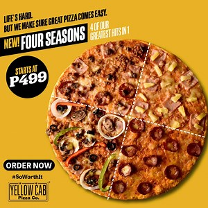 99K views · 2.1K reactions | Get 4 of our greatest hits in 1 pizza with our all new Four Seasons. New York’s Finest, Manhattan Meatlovers, Hawaiian, and Pepperoni all in one! Comes in All Meat, No Meat, and Original. Starts at 499 -- have it bundled for P1299! Yellow Cab Now. Order Online at delivery.yellowcabpizza.com. | Yellow Cab Pizza Co. | Facebook
