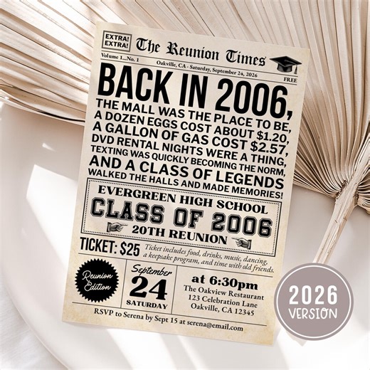 20th Class Reunion Invitation Template, Class Of 2006 20th High School Reunion, Newspaper Theme College Reunion Invite, Edit With Canva