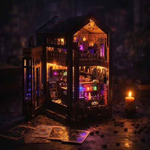 Magic Coffee Shop Book Nook With LED Lights – Witch's Café Miniature Diorama, Dark Academia Shelf Insert, Fantasy Bookshelf Decor - Etsy