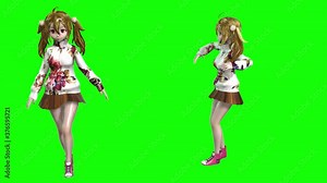 3d animation with two young toon girls performing different animations sitting, standing walking dancing and performing.